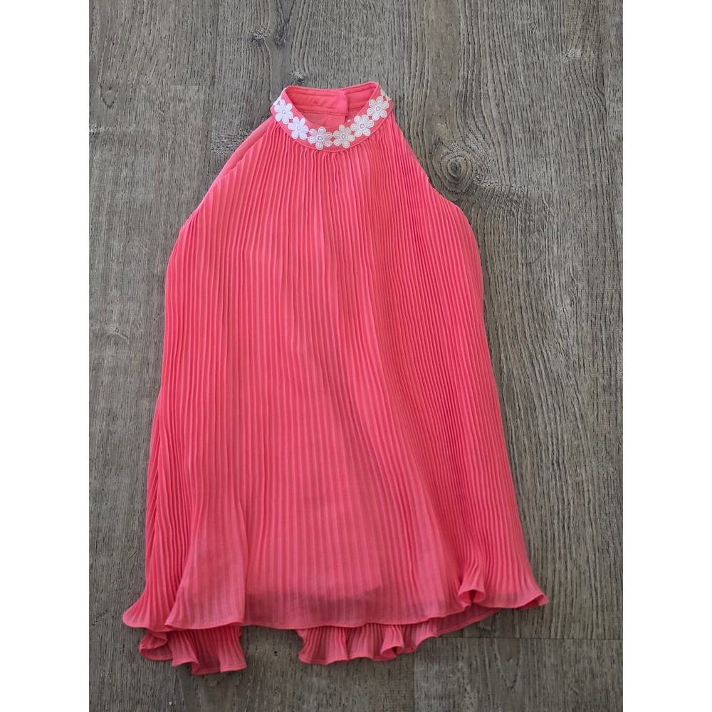 Janie and Jack Girls Coral Pink‎ Pleated Halter Top Floral Neck Size 5